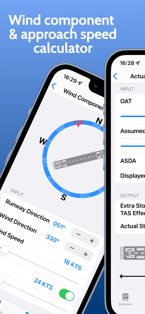 B737 Performance Handbook app showing the wind component and approach speed calculator on an iPhone screen.