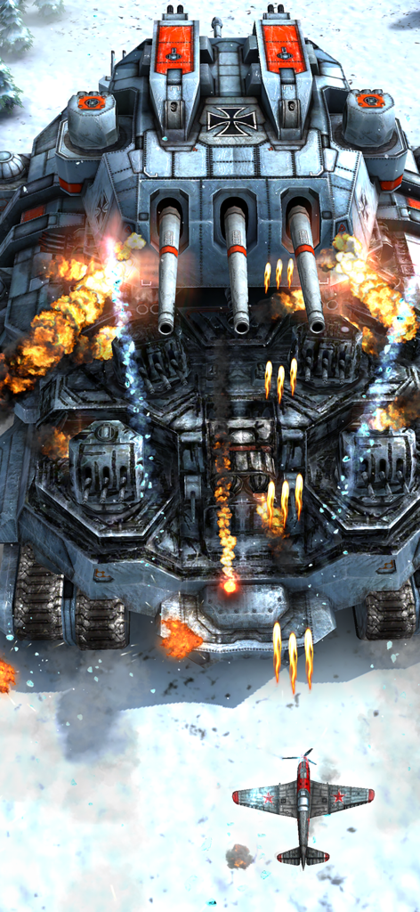 AirAttack 2 - Top down air combat gameplay showing a fighter plane attacking a massive armored tank in a snowy landscape