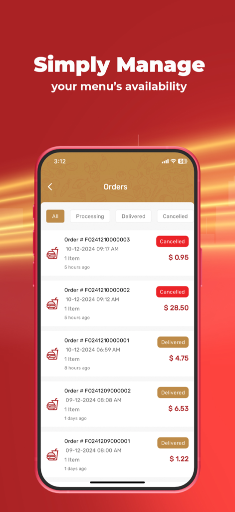 Red Ant Merchant - Red Ant Merchant app interface displaying a list of customer orders with status updates and transaction amounts