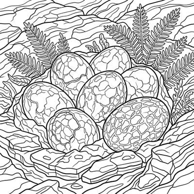 Unearth the past with this captivating coloring page featuring fossilized ornithopod dinosaur eggs. Explore a prehistoric landscape filled with intricate details, perfect for all dinosaur enthusiasts.