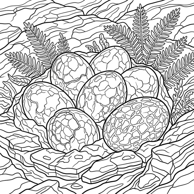 Unearth the past with this captivating coloring page featuring fossilized ornithopod dinosaur eggs. Explore a prehistoric landscape filled with intricate details, perfect for all dinosaur enthusiasts.