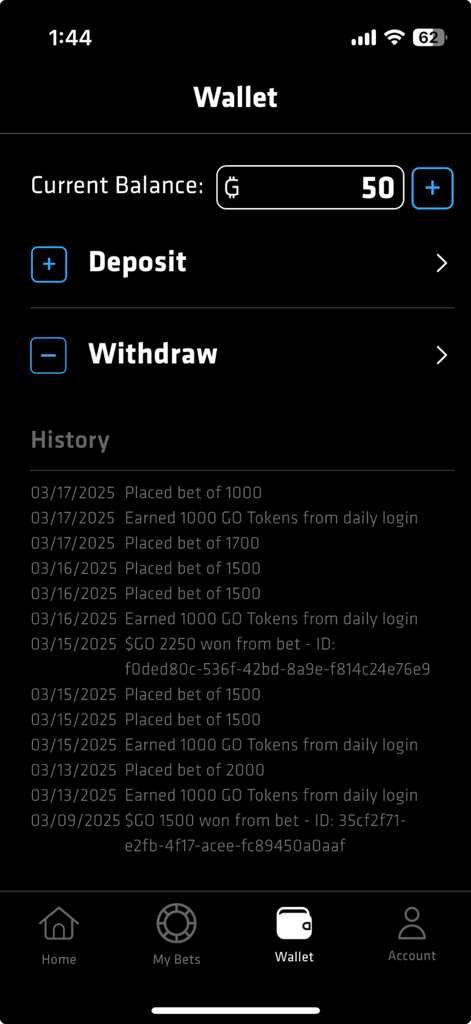 GameOn Fantasy - The wallet screen of the GameOn Fantasy app displaying GO Token balance and a list of recent transactions