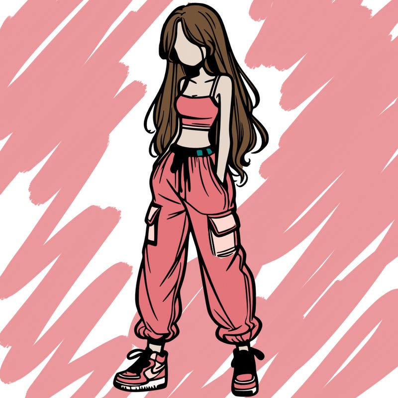 girl in baggy pants crop top and long hair