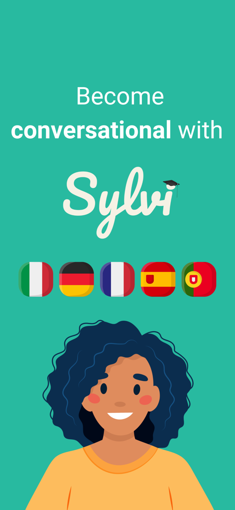 Graphic showing Sylvi language learning app logo with European flags and a smiling woman illustration