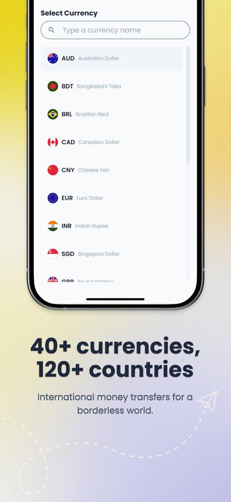 MoneyMatch - MoneyMatch app screen displaying a list of international currencies for money transfers including AUD, EUR, and SGD.