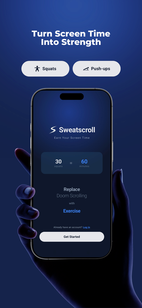 Sweatscroll: App Blocker - Smartphone displaying the Sweatscroll app landing page with the headline Turn Screen Time Into Strength.