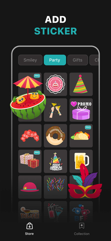 Screenshot of the PhotoLeaf app sticker store showing party-themed graphics like cakes party hats and gift boxes