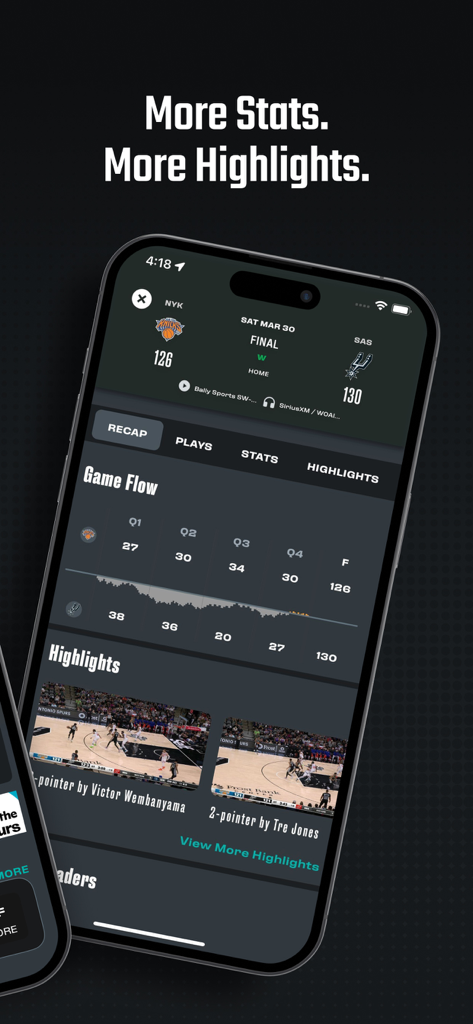San Antonio Spurs - San Antonio Spurs official app interface displaying game scores stats and video highlights