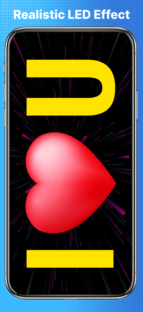 Letrero LED Digital - Ein Smartphone zeigt ein realistisches LED-Display mit einem roten Herz-Symbol und gelben Scrolling-Elementen