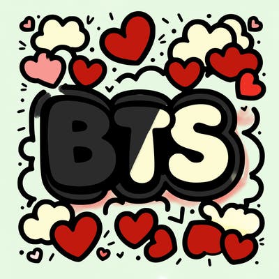 the letters “bts” in bubble letters surrounded by hearts