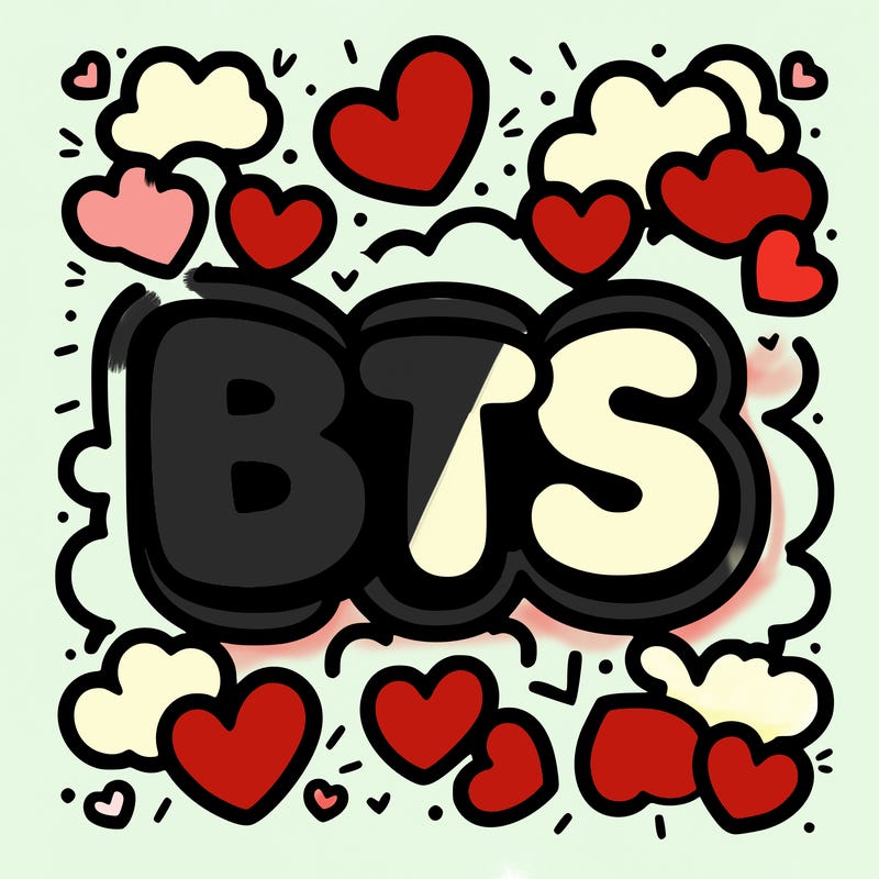 the letters “bts” in bubble letters surrounded by hearts