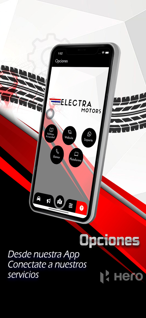 Electra Motors - Menu screen of the Electra Motors app displaying service options and links for support and website.