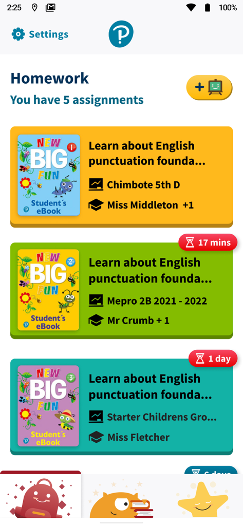 Schermata dei compiti dell'app Pearson English Portal che mostra molteplici incarichi di e-book per studenti New Big Fun