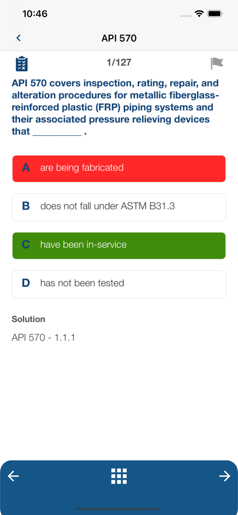 API 570 Helpmate - A practice exam question on the API 570 Helpmate mobile app showing a multiple choice quiz for piping inspection certification.