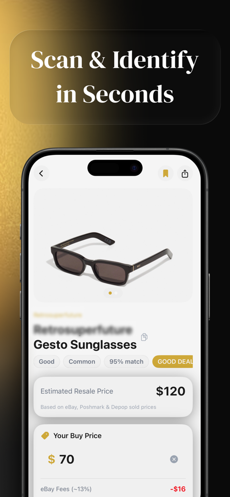 Thriftly: Profit Identifier - A screenshot of the Thriftly app showing an AI scan of sunglasses identifying the brand and calculating resale profit.
