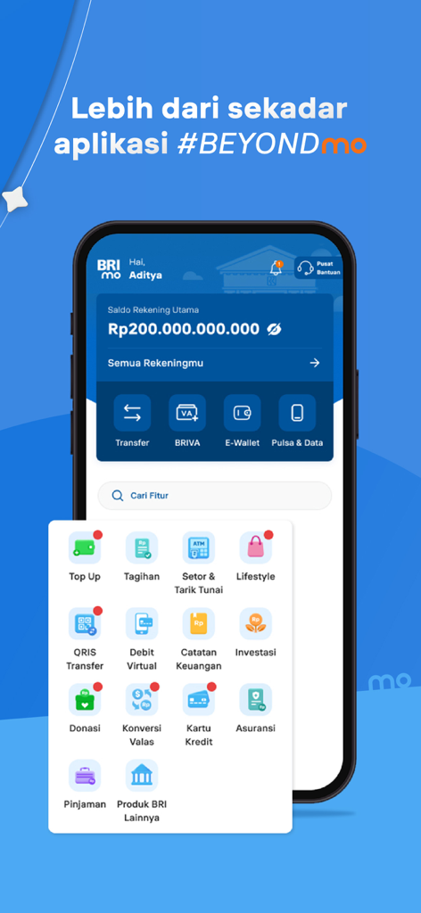 BRImo mobile banking app dashboard showing financial features and account balance