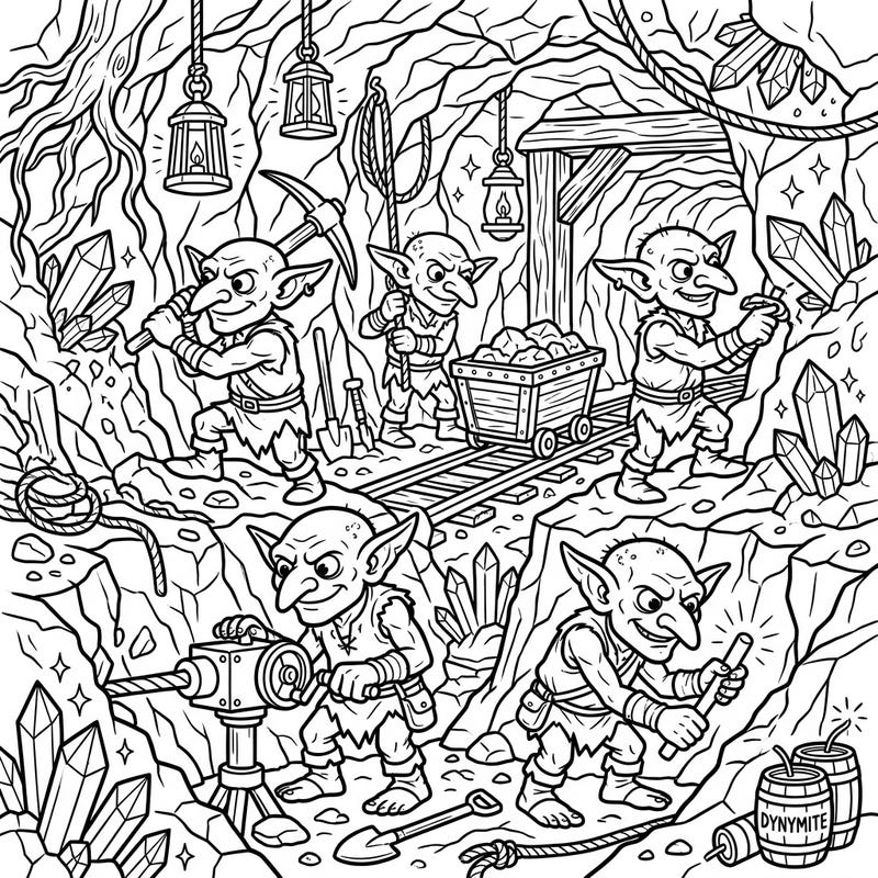 Explore a whimsical underground world with our Goblin Miners coloring page, featuring five busy goblins digging for treasure in a crystal-filled cave. This detailed fantasy scene is perfect for bringing to life with your most creative colors.