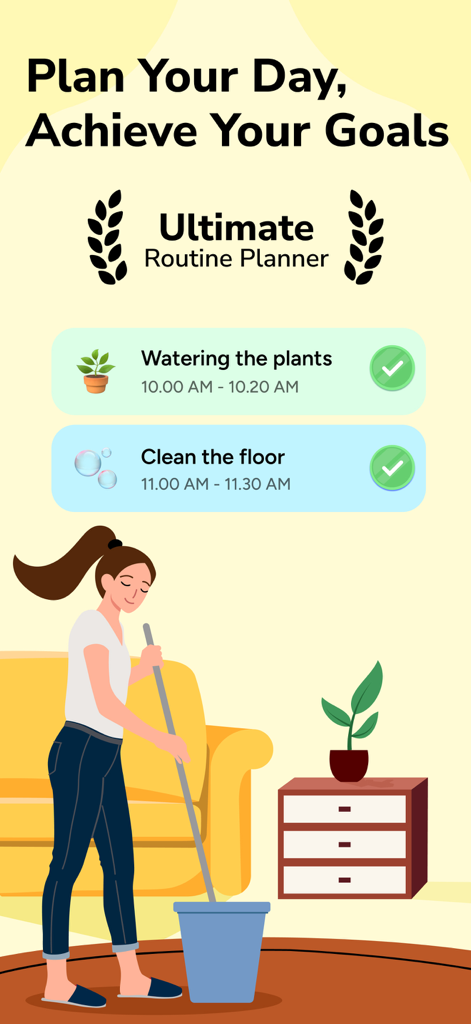 Mindway: Daily Routine Planner - Mindway app interface showing a daily task list with a woman cleaning her home.