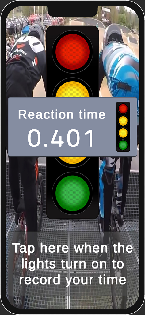 BMX Gate Reaction Time - BMX Gate Reaction Time app interface showing starting lights and a reaction time result