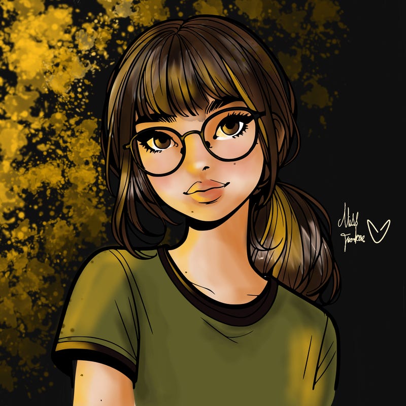 realistic girl with freckles and clear glasses