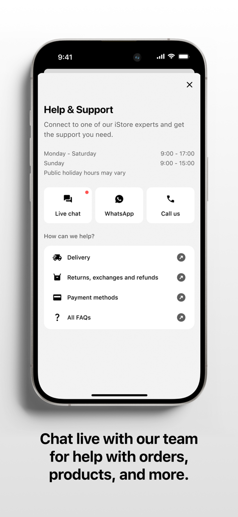 IStore Pre-owned app Help and Support screen showing live chat WhatsApp and call options