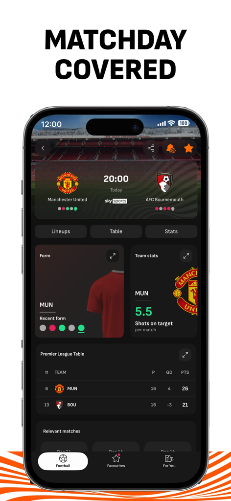 Pantalla de la aplicación LiveScore que muestra estadísticas del partido de la Premier League, forma del equipo y tabla de liga