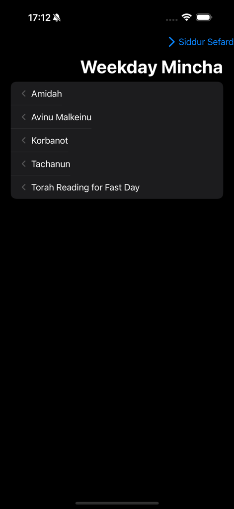 Siddur - Edot HaMizrach - Weekday Mincha prayer menu in the Siddur Edot HaMizrach app dark mode