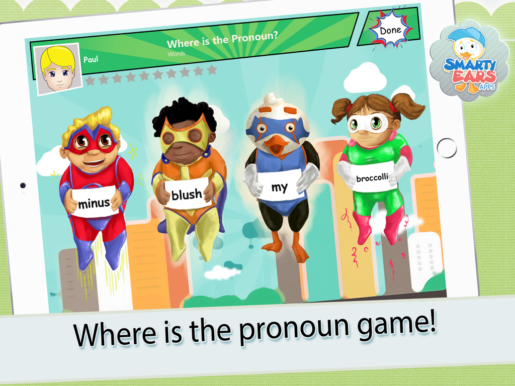 Pronoun Heroes - The Where is the Pronoun activity screen in the Pronoun Heroes app featuring superhero characters holding word signs.