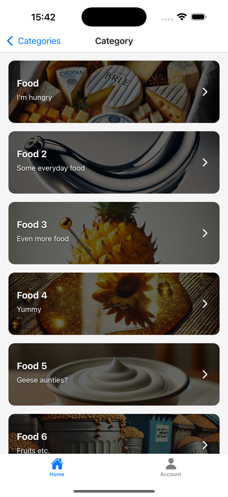 Keymagine - A menu of food-related vocabulary categories featuring vivid mnemonic images in the Keymagine language learning app.