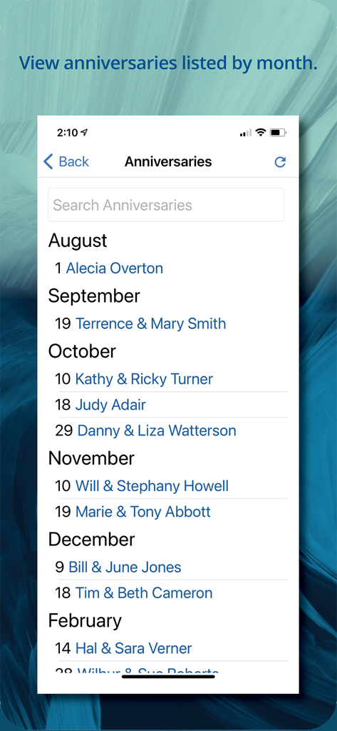 Instant Church Directory - A mobile screen showing church member anniversaries organized by month in the Instant Church Directory app