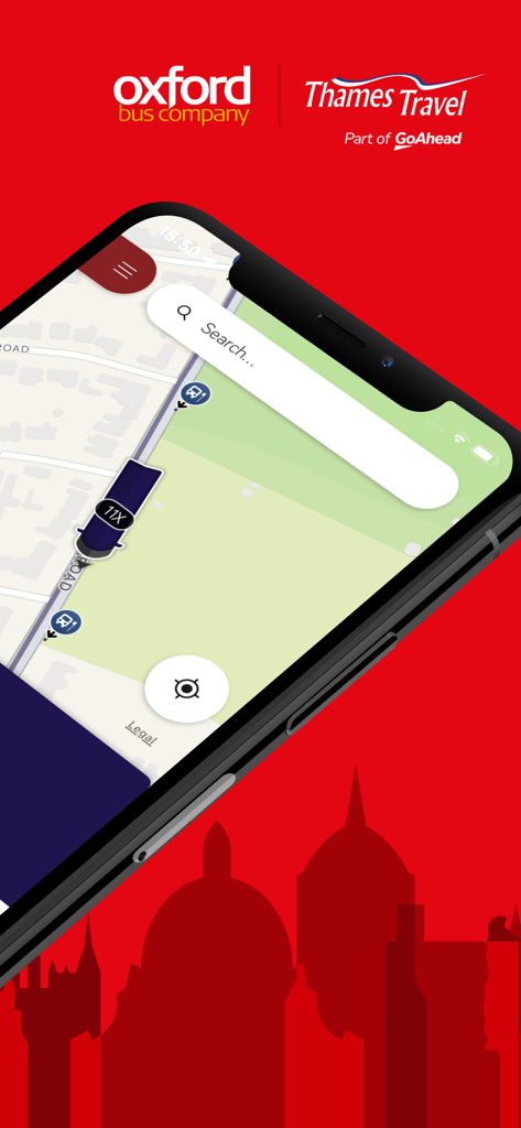 Oxford Bus and Thames Travel - Smartphone screen displaying the live bus tracking map on the Oxford Bus and Thames Travel app.