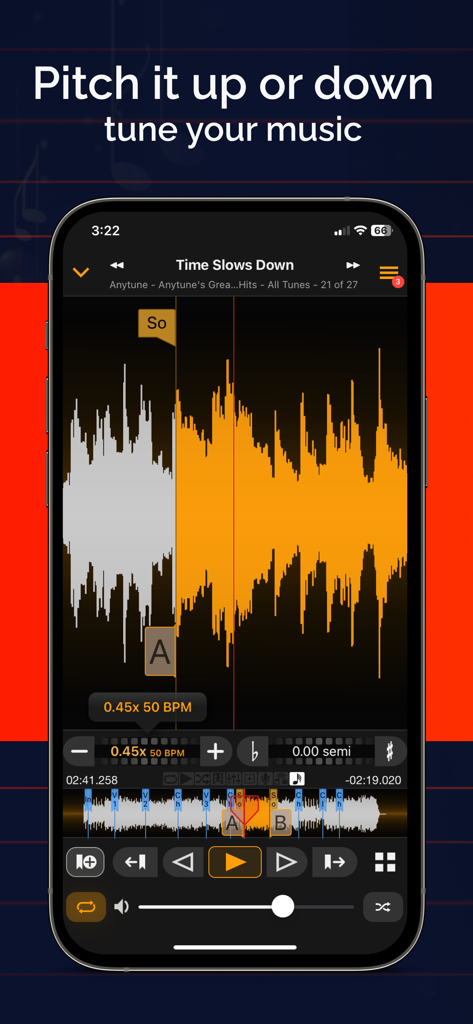 Interfaz de la aplicación Anytune Pro plus mostrando controles de ajuste de tono y tempo con forma de onda de música.