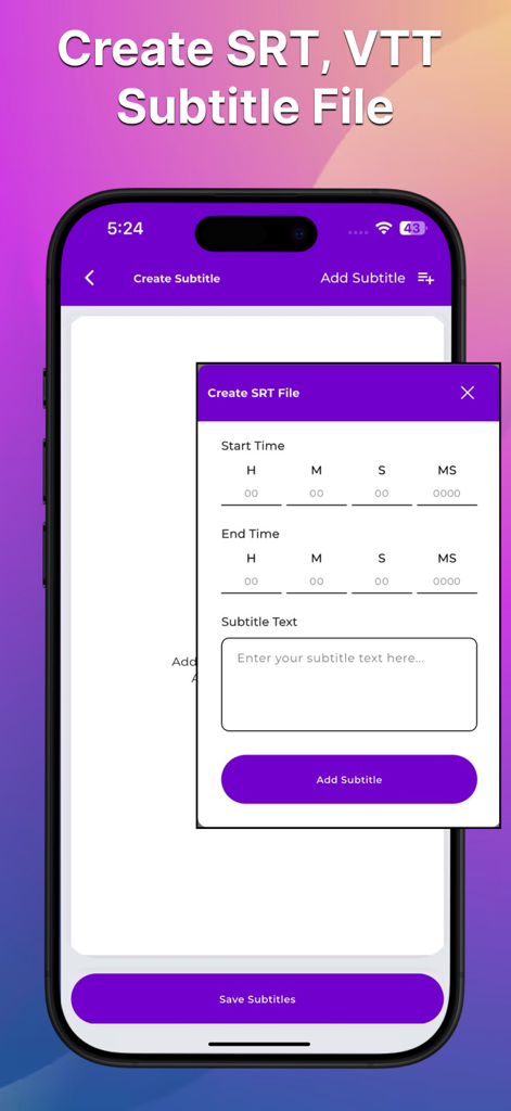 Subtitle Viewer & Translator - 開始時刻と終了時刻の設定を備えたSRTおよびVTT字幕ファイル作成用のモバイルアプリインターフェース。