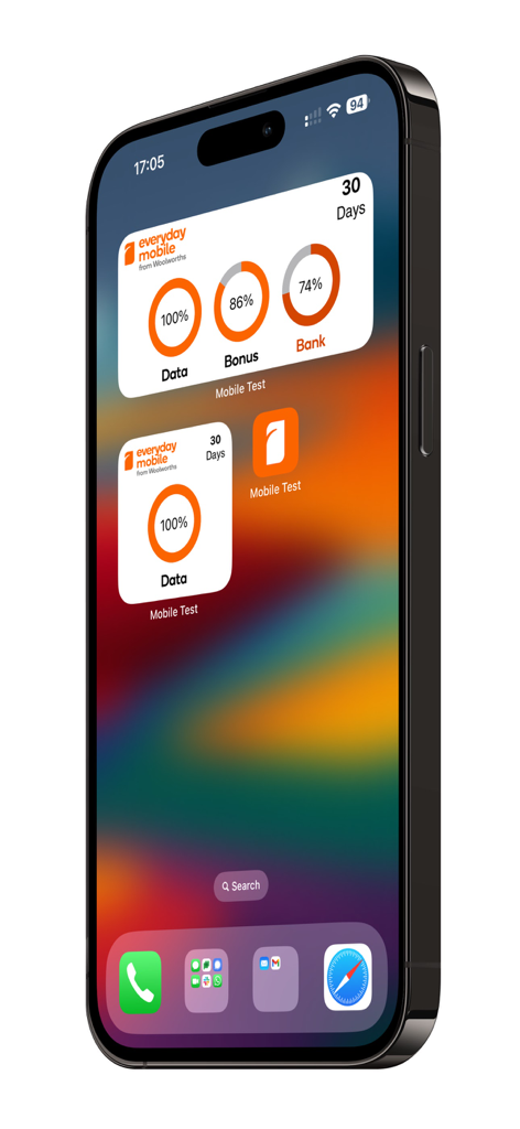 Everyday Mobile App-Widgets auf einem iPhone-Home-Bildschirm mit Anzeige der Datennutzung und Prozentangaben der Bonus-Daten-Reserve