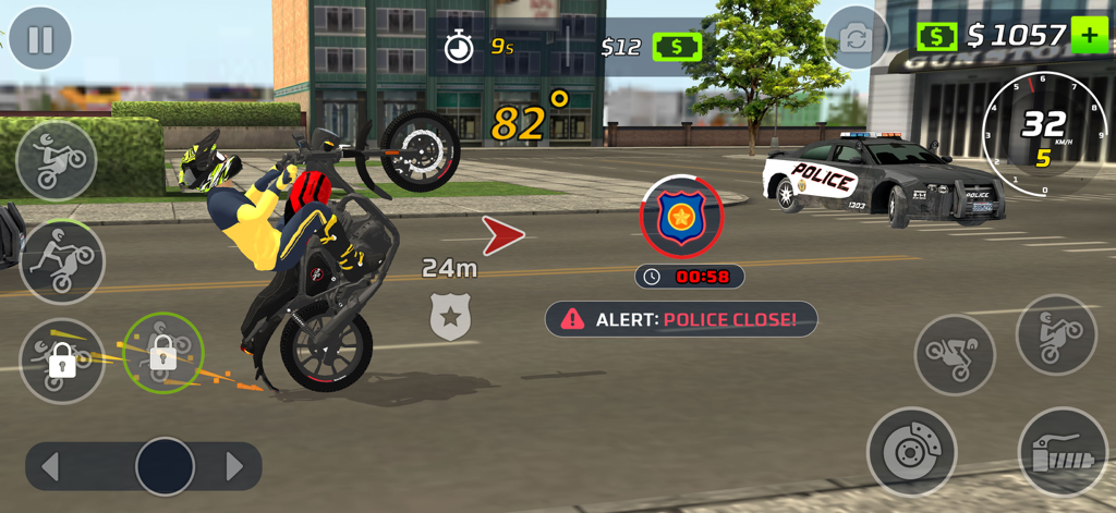 Moto Bike Wheelie Master - Gameplay de Moto Bike Wheelie Master montrant une moto effectuant un wheelie à angle élevé dans une rue de la ville avec une alerte de police affichée à l'écran.