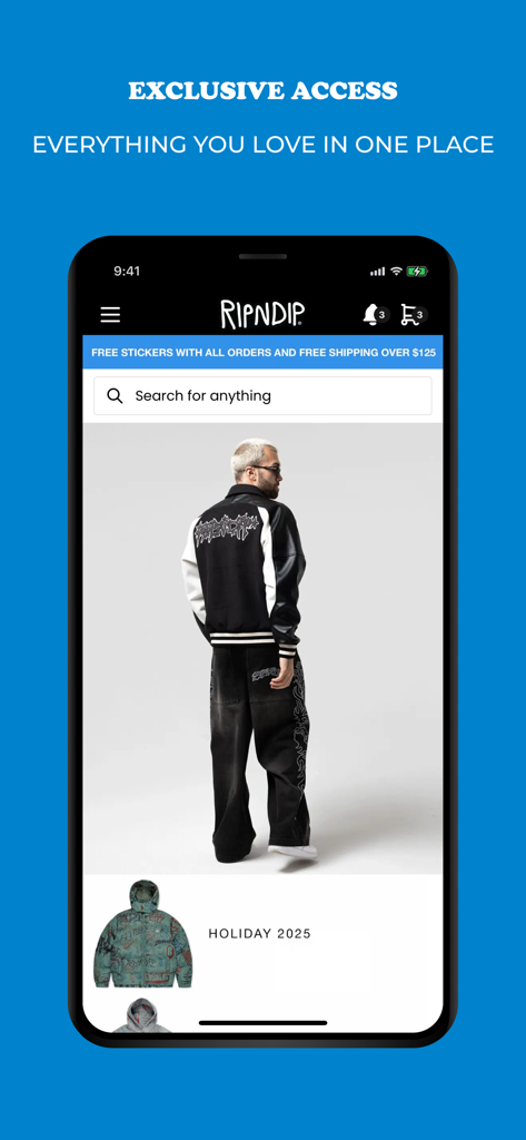RIPNDIP - RIPNDIP mobile app interface showing the Holiday 2025 streetwear collection on an iPhone.