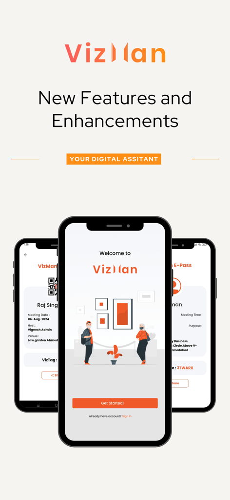 VizMan - Visitor Management - VizMan app screens displaying visitor check-in features and digital passes.