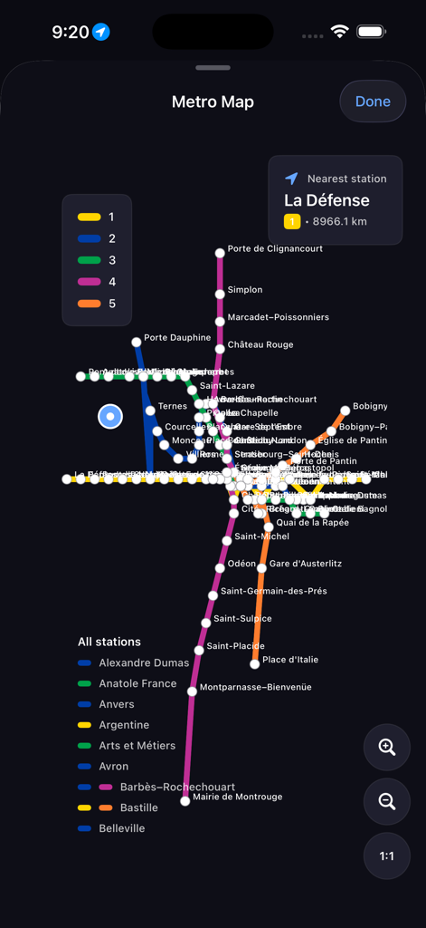 Mappa interattiva della metropolitana di Parigi che mostra le linee della metropolitana e l'elenco delle stazioni sul cellulare