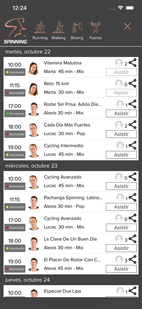 A mobile app interface displaying a schedule of live and on-demand fitness classes including spinning, running, and strength training with different instructors and difficulty levels.