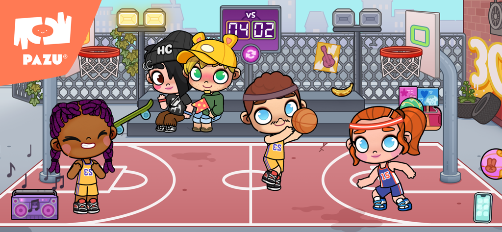 Characters playing basketball in a colorful urban court scene from Avatar World by Pazu