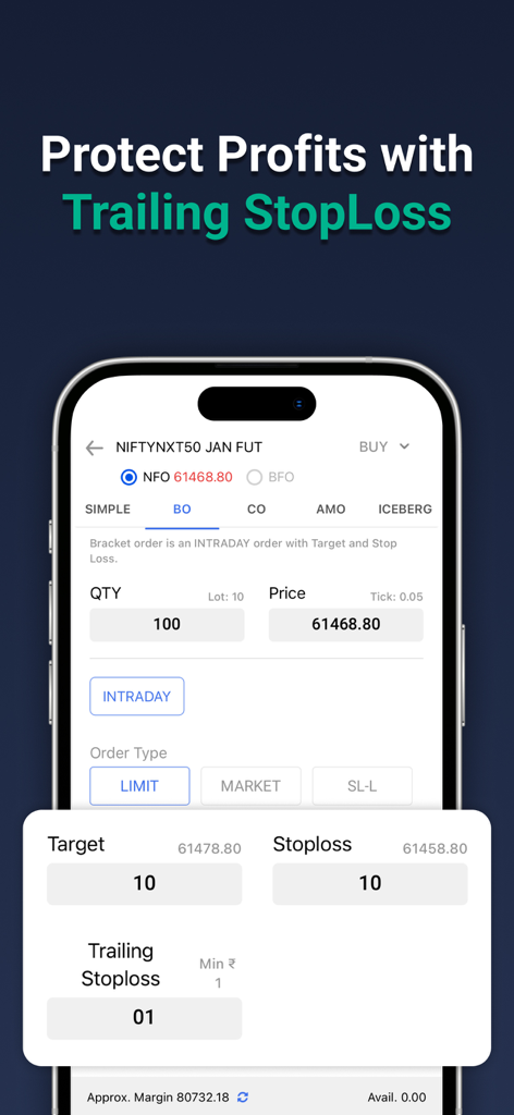 TradeSmart mobile app screen showing trailing stoploss and bracket order settings for Indian stock market trading