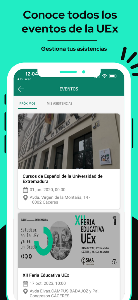 A smartphone screen showing upcoming academic events and student fairs at the University of Extremadura
