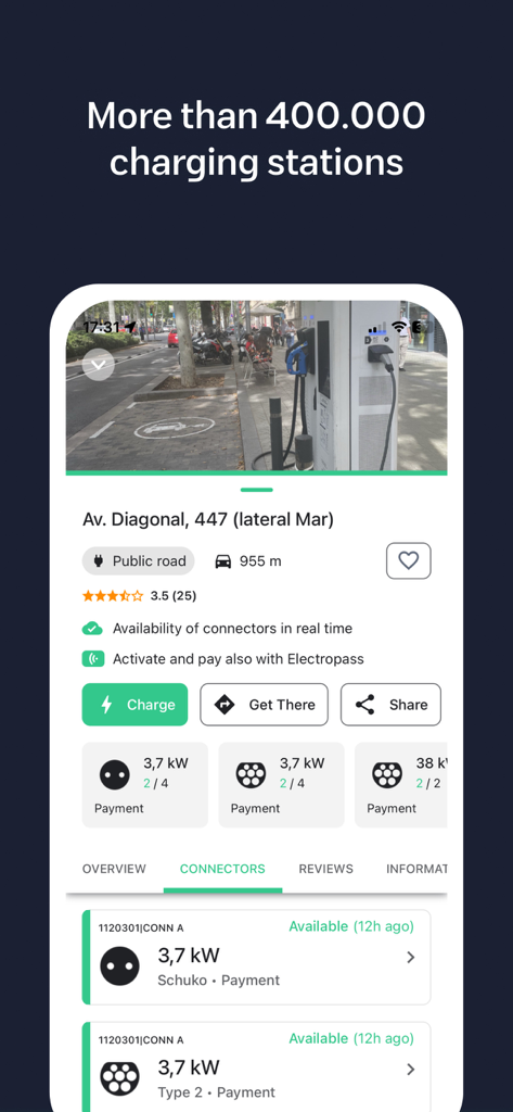 Electromaps: Charging stations - Mobile interface of Electromaps app showing detailed information for an electric vehicle charging station including connector types and power levels
