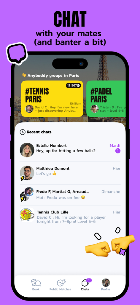 Anybuddy - ラケットスポーツプレイヤー向けのグループおよび個人メッセージのチャットインターフェースを表示するAnybuddyアプリのモバイル画面