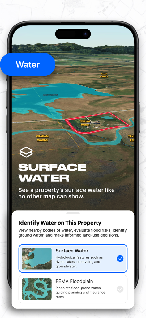 Land id app interface showing surface water and FEMA floodplain mapping on a 3D property parcel map.
