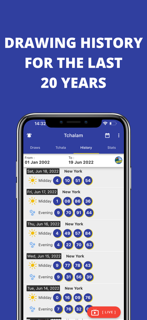 Tchalam - Tchalam app screen showing historical lottery drawing results for New York.