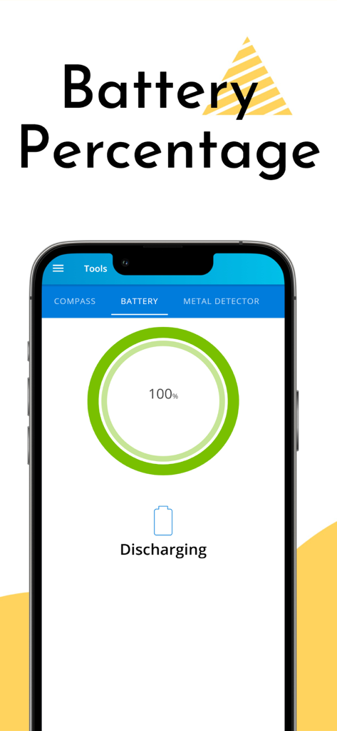 Metal Detector & Gold Finder - A mobile app screen showing the battery percentage with a green circular progress bar at 100 percent and a discharging status icon.