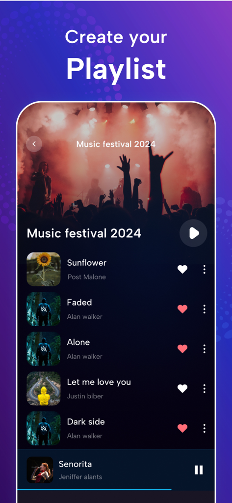 Offline Music Player · - Una pantalla de aplicación móvil que muestra la creación de una lista de reproducción de música titulada Music festival 2024 con varias pistas de canciones.