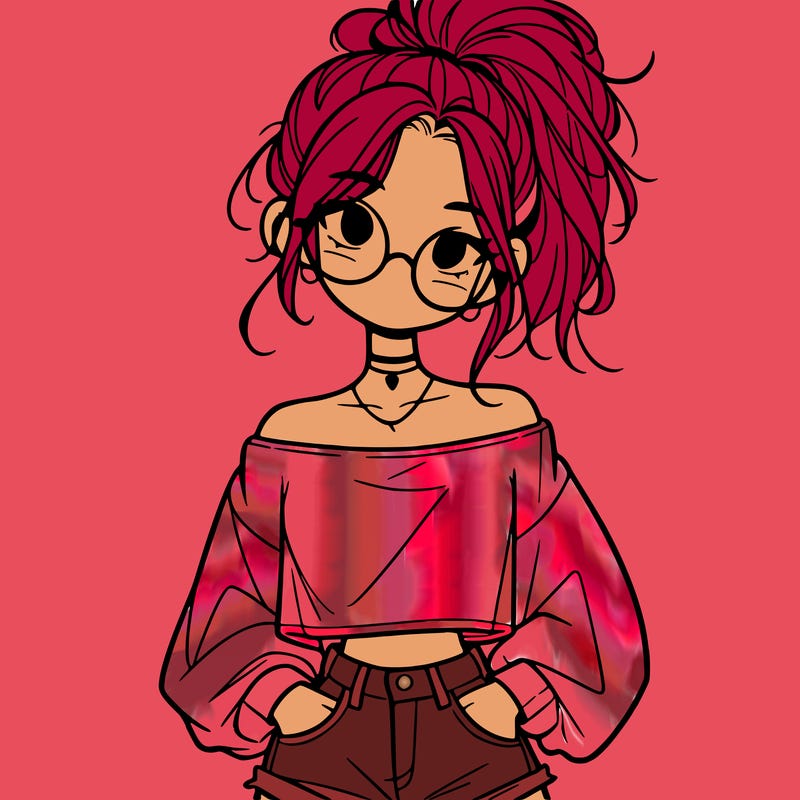 girl with a messy ponytail glasses a baggy crop top and jean shorts