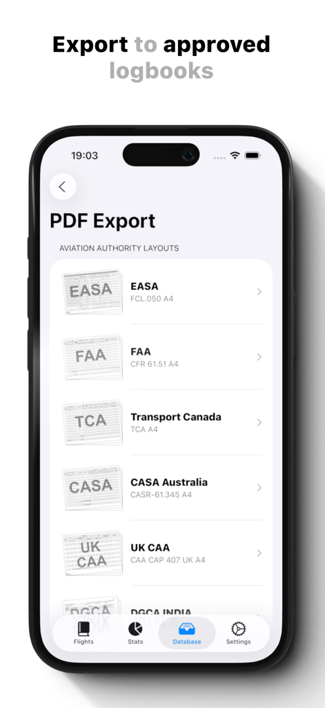 Mobile app interface for exporting flight logs into FAA EASA and other international aviation authority PDF layouts